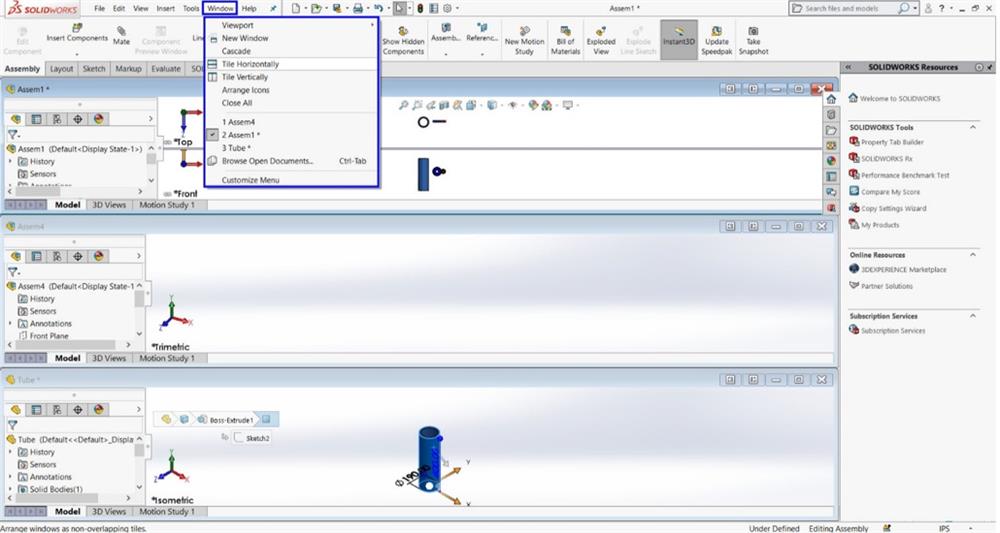 نحوه‌ی کنار هم قراردادن پنجره‌های باز در محیط گرافیکی نرم‌افزار solidworks 2020